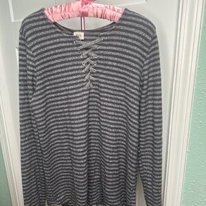 BKE Gray Stripe Terry Fleece Tunic Top Lace Up Bust Long Sleeve Size L Warm Cozy
